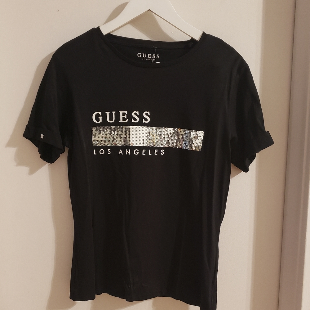 Guess LA Black Silver Sequin Glitter Logo 100% Cotton Woman Large NWT